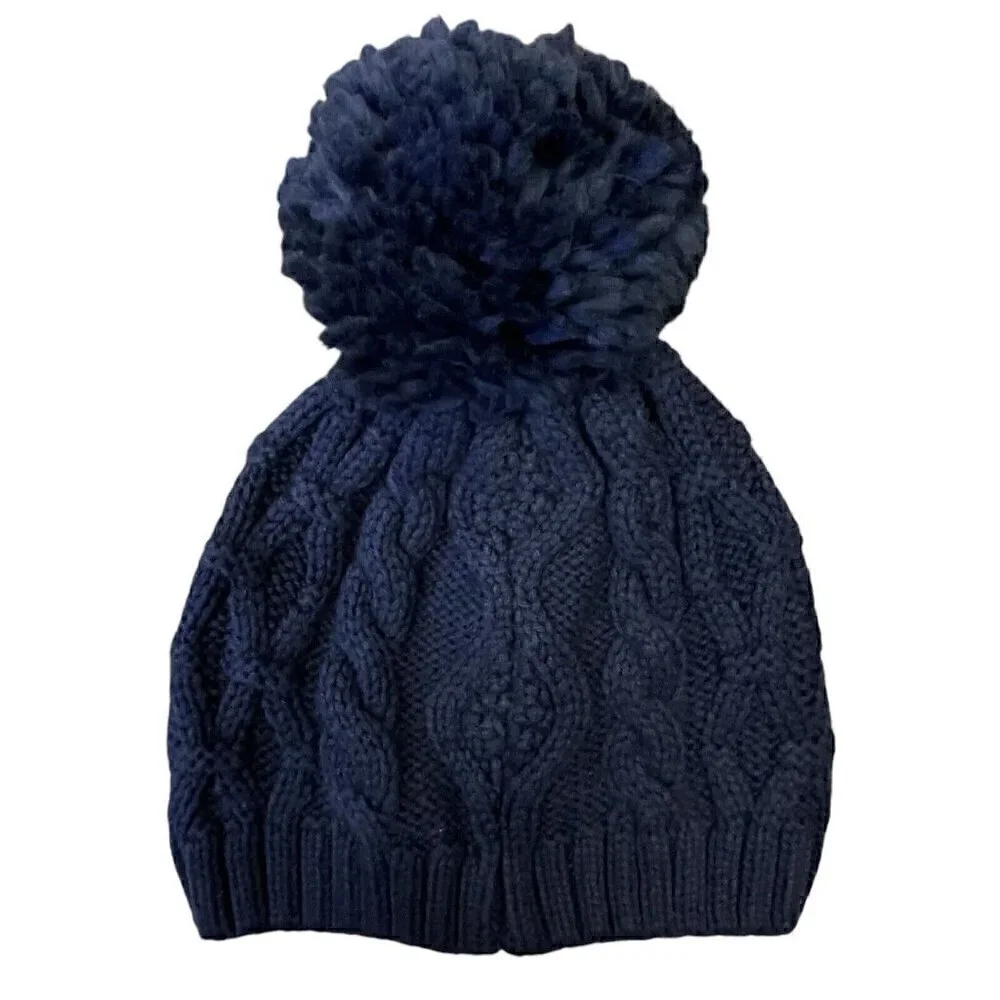 Hanna Andersson Cable Knit Navy Winter Hat With Pom Pom Kids 3-6 Yrs NWT Beanie